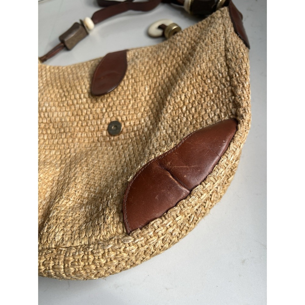 Vtg Dillards Jute Leather Trim Shoulder Handbag Women Tan Brown Lined Bag - Picture 4 of 9